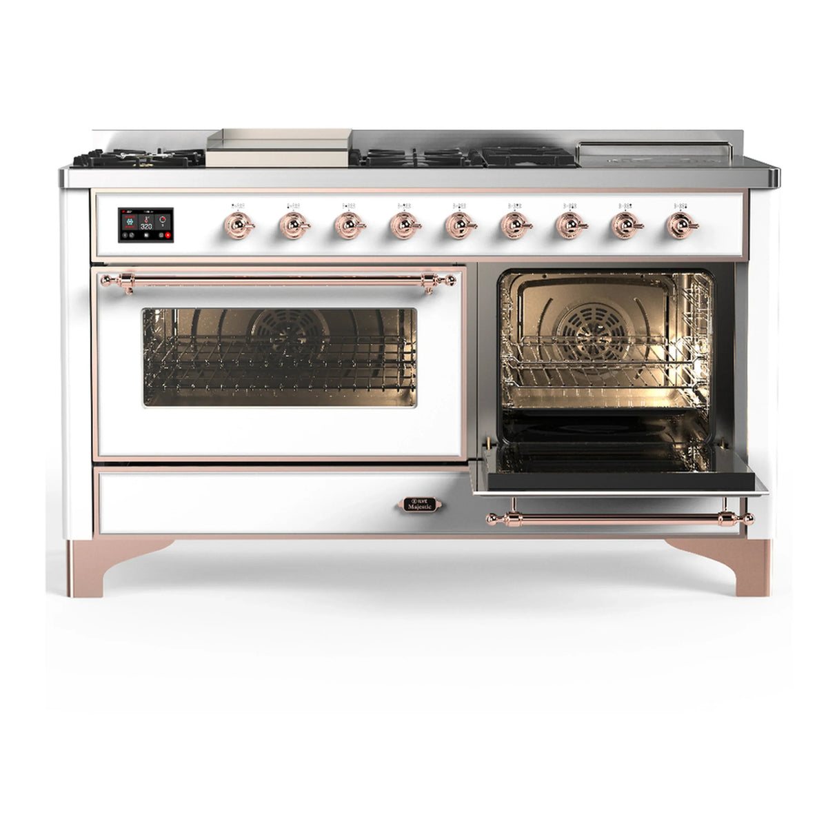 ILVE Majestic III 60-inch Dual Fuel Range with 5 Liquid Propane Burner, Griddle, French Top and Triple Glass Door Electric Oven in White with Copper Trim (UM60FSNR3WHPLP)