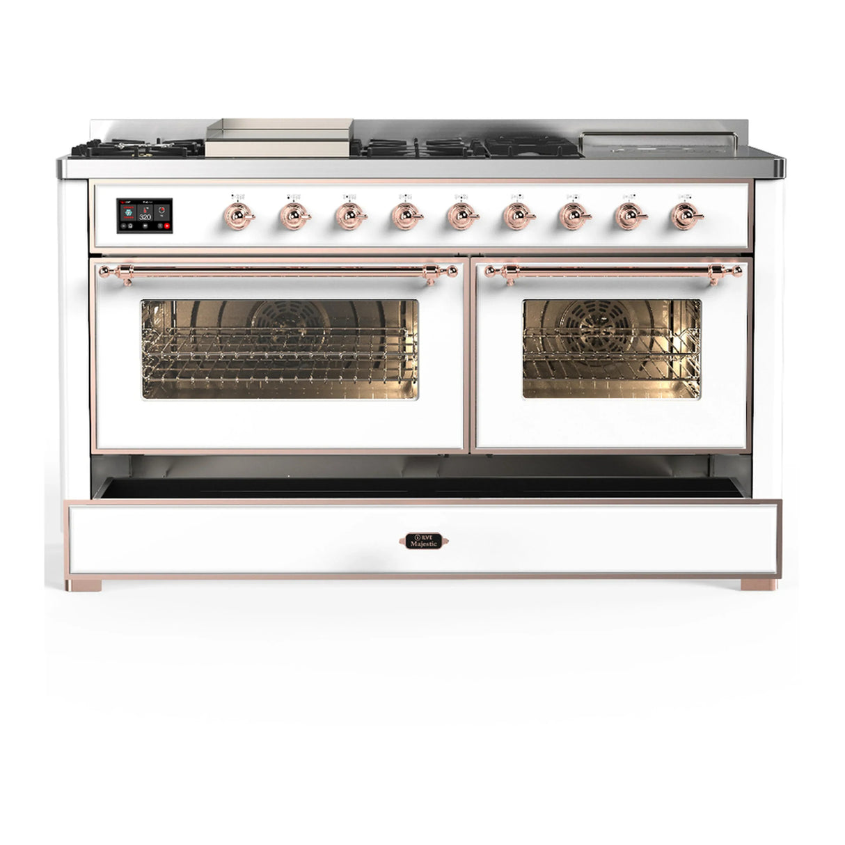 ILVE Majestic III 60-inch Dual Fuel Range with 5 Liquid Propane Burner, Griddle, French Top and Triple Glass Door Electric Oven in White with Copper Trim (UM60FSNR3WHPLP)
