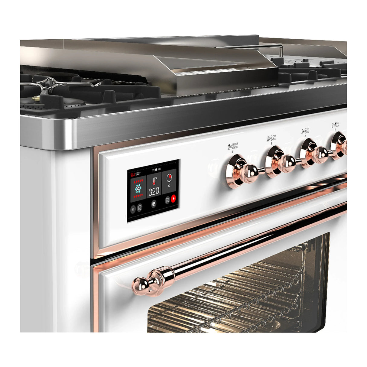 ILVE Majestic III 60-inch Dual Fuel Range with 5 Liquid Propane Burner, Griddle, French Top and Triple Glass Door Electric Oven in White with Copper Trim (UM60FSNR3WHPLP)
