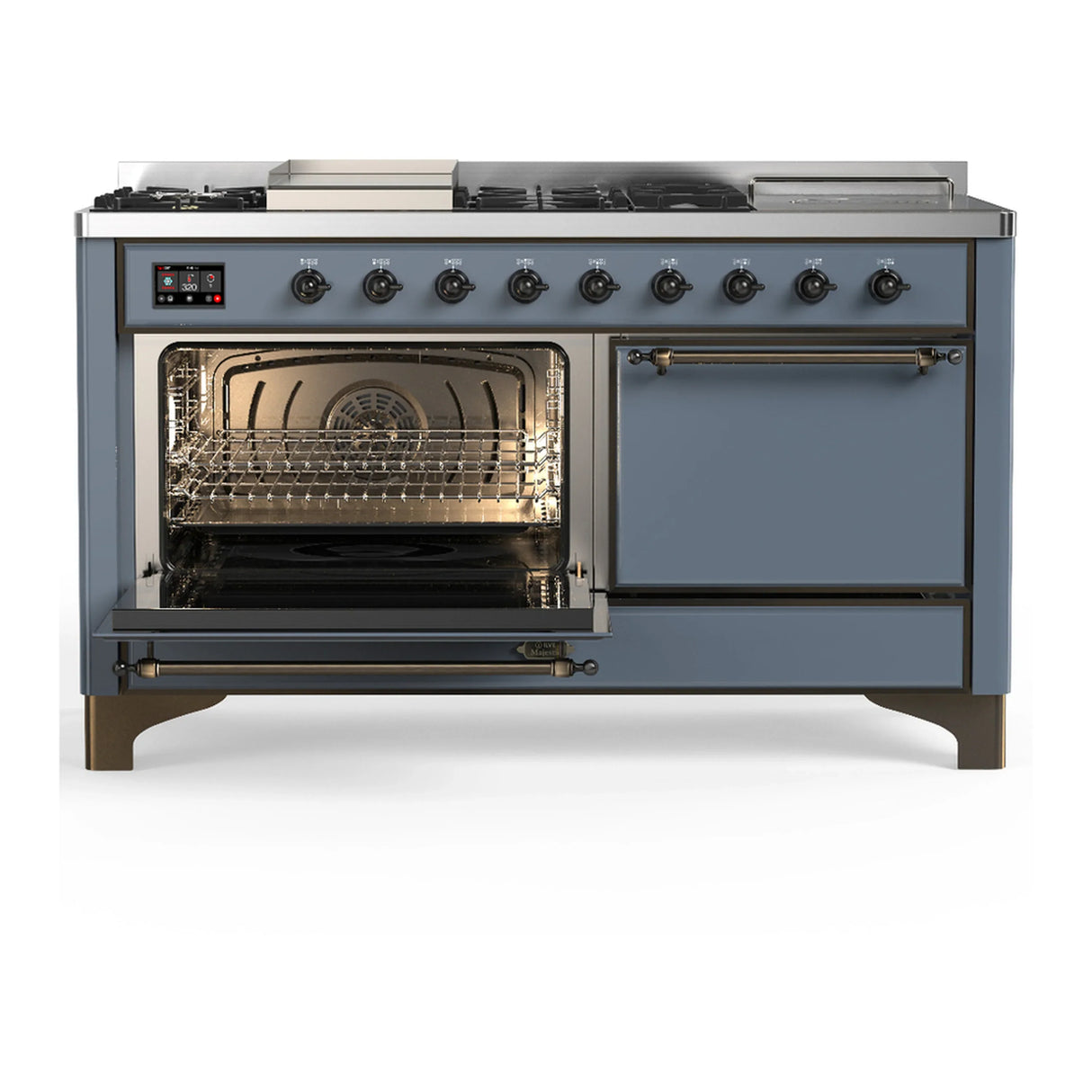 ILVE Majestic III 60-inch Dual Fuel Range with 7 Natural Gas Burner, Griddle, French Top and Solid Door Electric Oven in Blue Grey with Burnished Trim (UM60FSQNR3BGB)