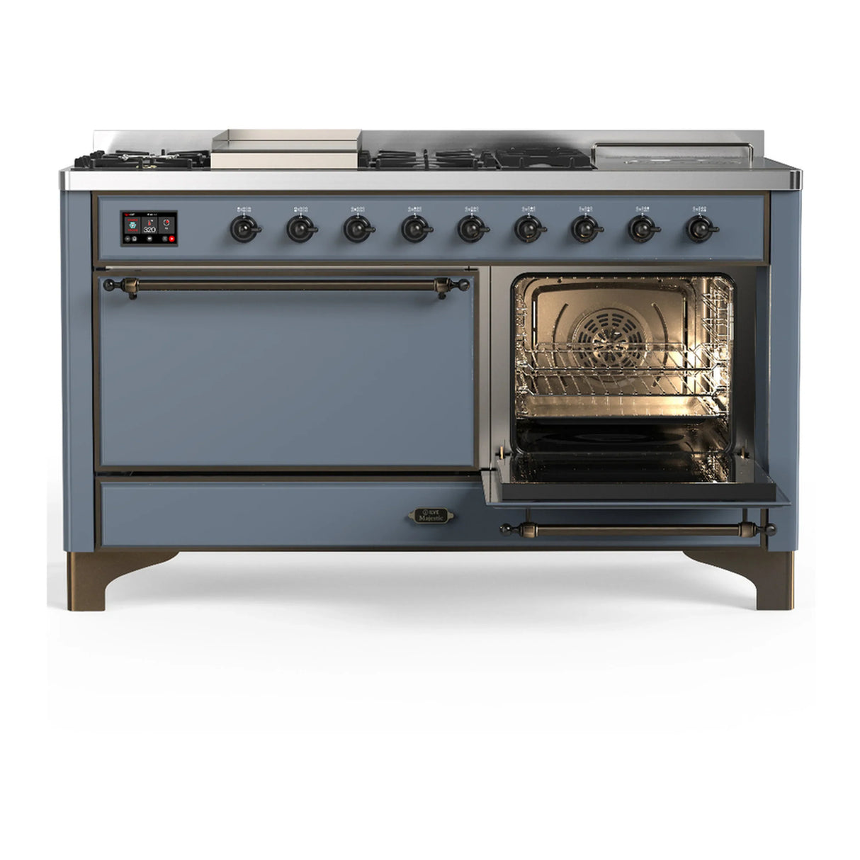ILVE Majestic III 60-inch Dual Fuel Range with 7 Natural Gas Burner, Griddle, French Top and Solid Door Electric Oven in Blue Grey with Burnished Trim (UM60FSQNR3BGB)