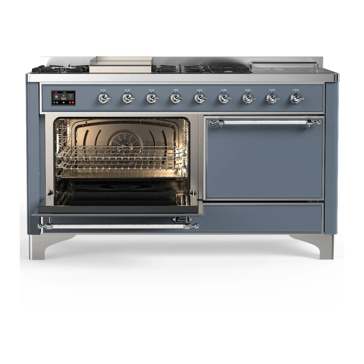 ILVE Majestic III 60-inch Dual Fuel Range with 5 Liquid Propane Burner, Griddle, French Top and Solid Door Electric Oven in Blue Grey with Chrome Trim (UM60FSQNR3BGCLP)