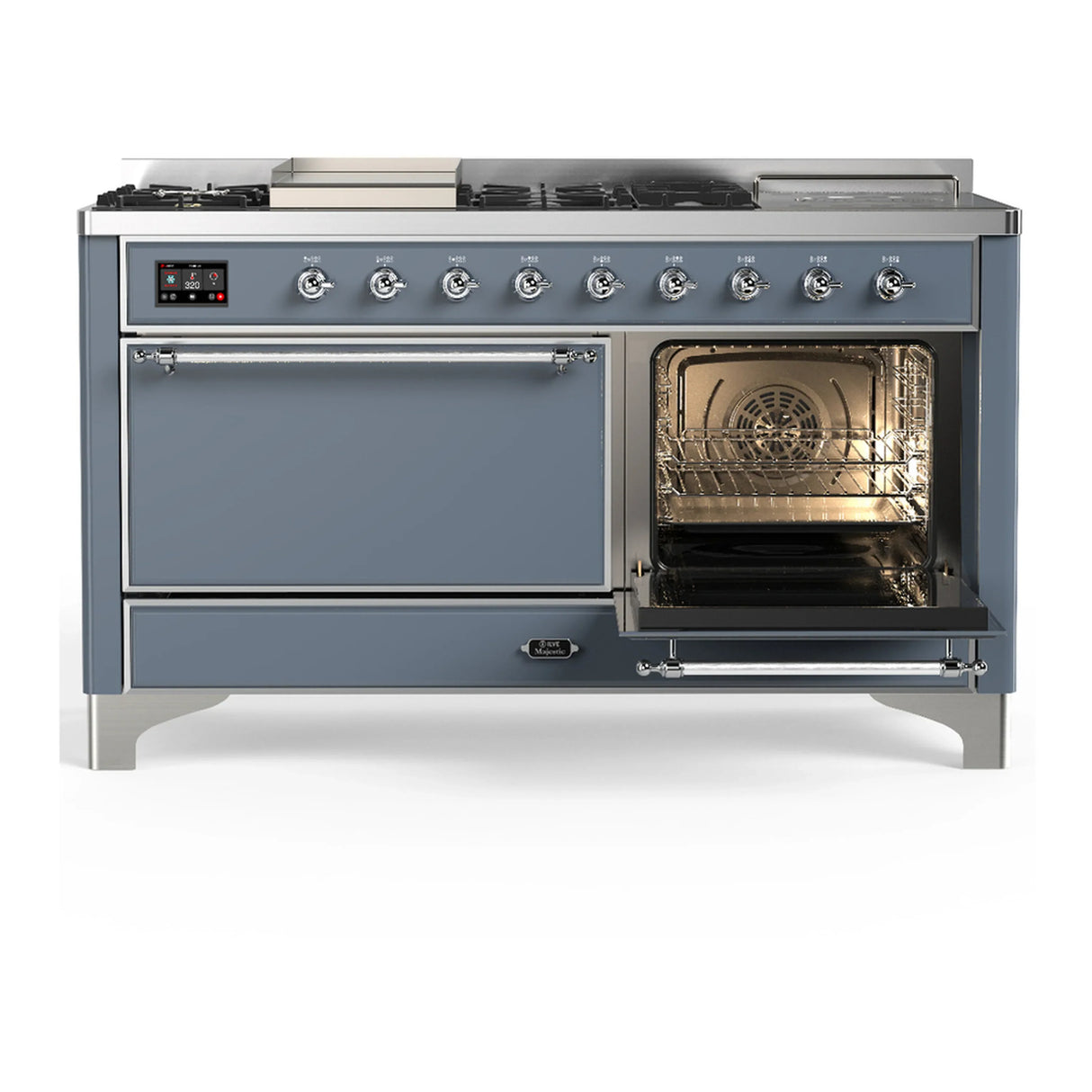 ILVE Majestic III 60-inch Dual Fuel Range with 5 Liquid Propane Burner, Griddle, French Top and Solid Door Electric Oven in Blue Grey with Chrome Trim (UM60FSQNR3BGCLP)