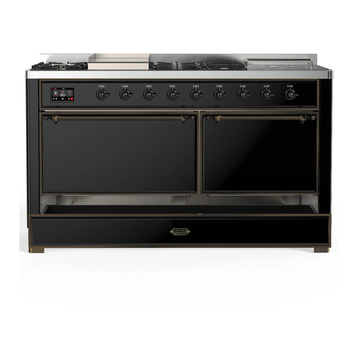ILVE Majestic III 60-inch Dual Fuel Range with 5 Liquid Propane Burner, Griddle, French Top and Solid Door Electric Oven in Glossy Black with Burnished Trim (UM60FSQNR3BKBLP)