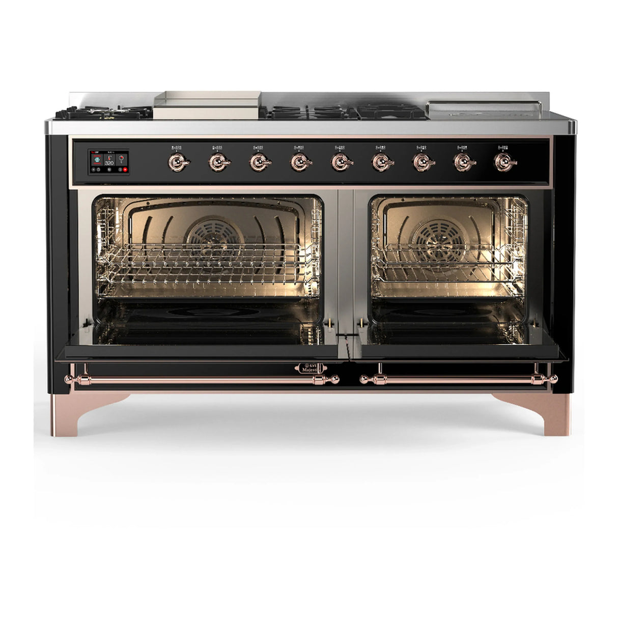 ILVE Majestic III 60-inch Dual Fuel Range with 5 Liquid Propane Burner, Griddle, French Top and Solid Door Electric Oven in Glossy Black with Copper Trim (UM60FSQNR3BKPLP)