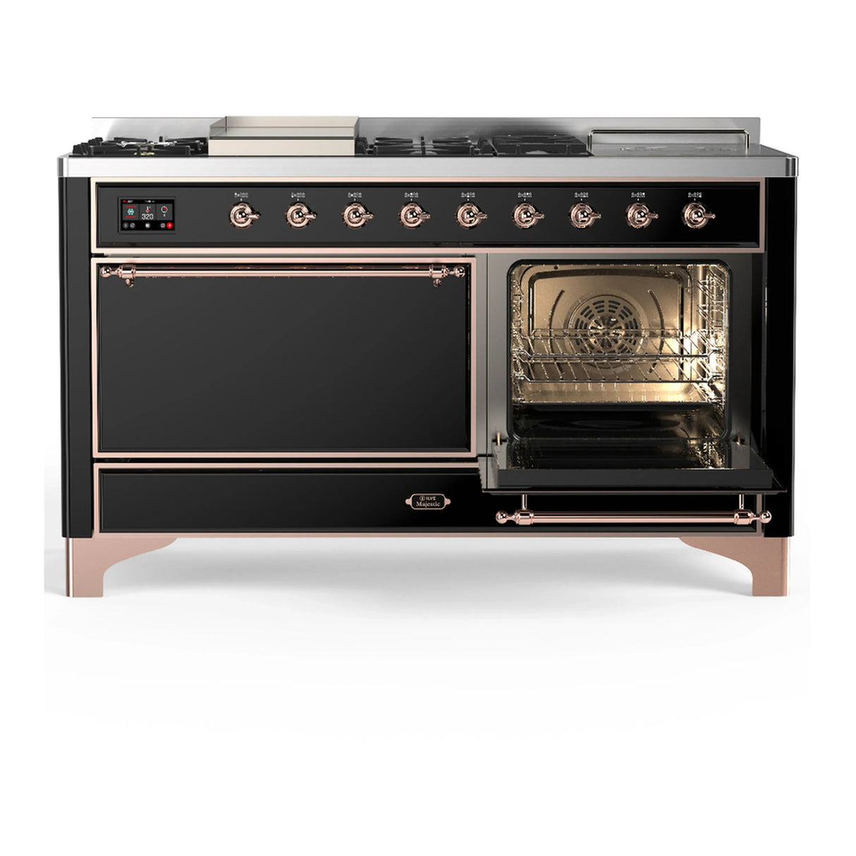 ILVE Majestic III 60-inch Dual Fuel Range with 5 Liquid Propane Burner, Griddle, French Top and Solid Door Electric Oven in Glossy Black with Copper Trim (UM60FSQNR3BKPLP)