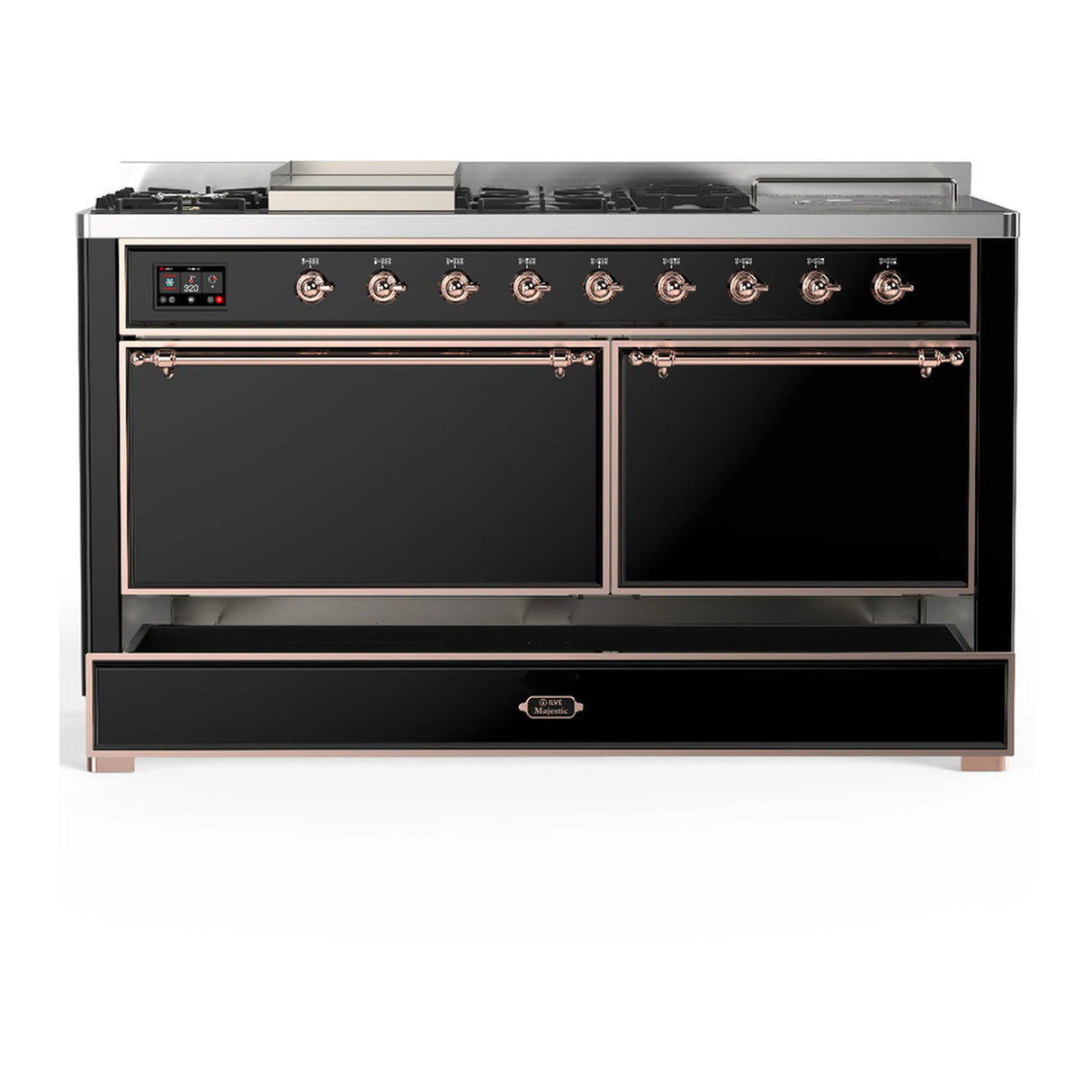 ILVE Majestic III 60-inch Dual Fuel Range with 7 Natural Gas Burner, Griddle, French Top and Solid Door Electric Oven in Glossy Black with Copper Trim (UM60FSQNR3BKP)