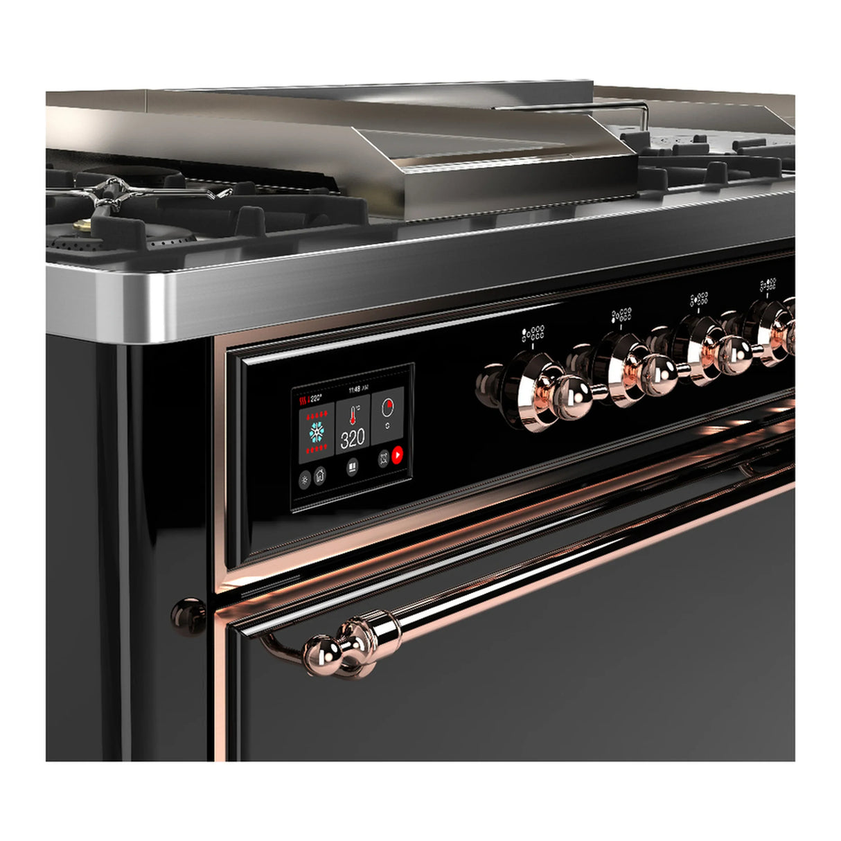 ILVE Majestic III 60-inch Dual Fuel Range with 7 Natural Gas Burner, Griddle, French Top and Solid Door Electric Oven in Glossy Black with Copper Trim (UM60FSQNR3BKP)