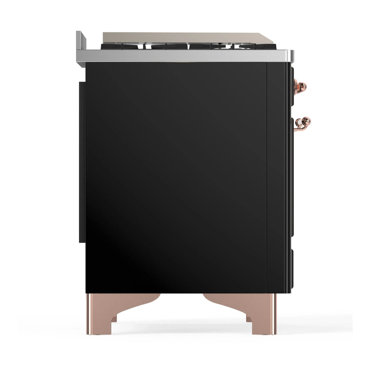 ILVE Majestic III 60-inch Dual Fuel Range with 7 Natural Gas Burner, Griddle, French Top and Solid Door Electric Oven in Glossy Black with Copper Trim (UM60FSQNR3BKP)
