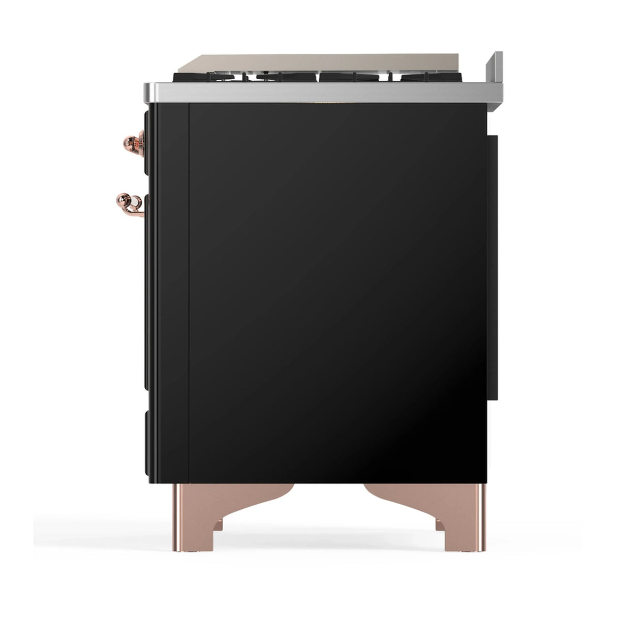 ILVE Majestic III 60-inch Dual Fuel Range with 7 Natural Gas Burner, Griddle, French Top and Solid Door Electric Oven in Glossy Black with Copper Trim (UM60FSQNR3BKP)
