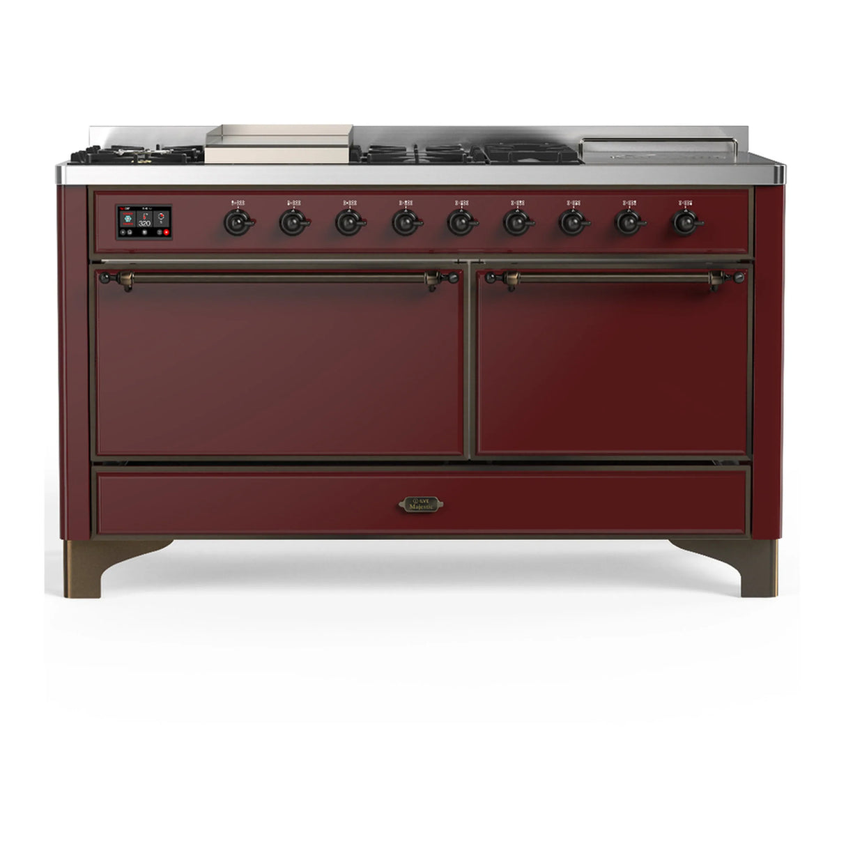 ILVE Majestic III 60-inch Dual Fuel Range with 5 Liquid Propane Burner, Griddle, French Top and Solid Door Electric Oven in Burgundy with Burnished Trim (UM60FSQNR3BUBLP)