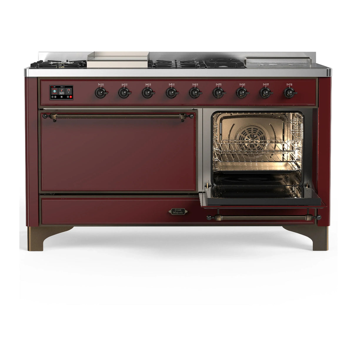 ILVE Majestic III 60-inch Dual Fuel Range with 5 Liquid Propane Burner, Griddle, French Top and Solid Door Electric Oven in Burgundy with Burnished Trim (UM60FSQNR3BUBLP)
