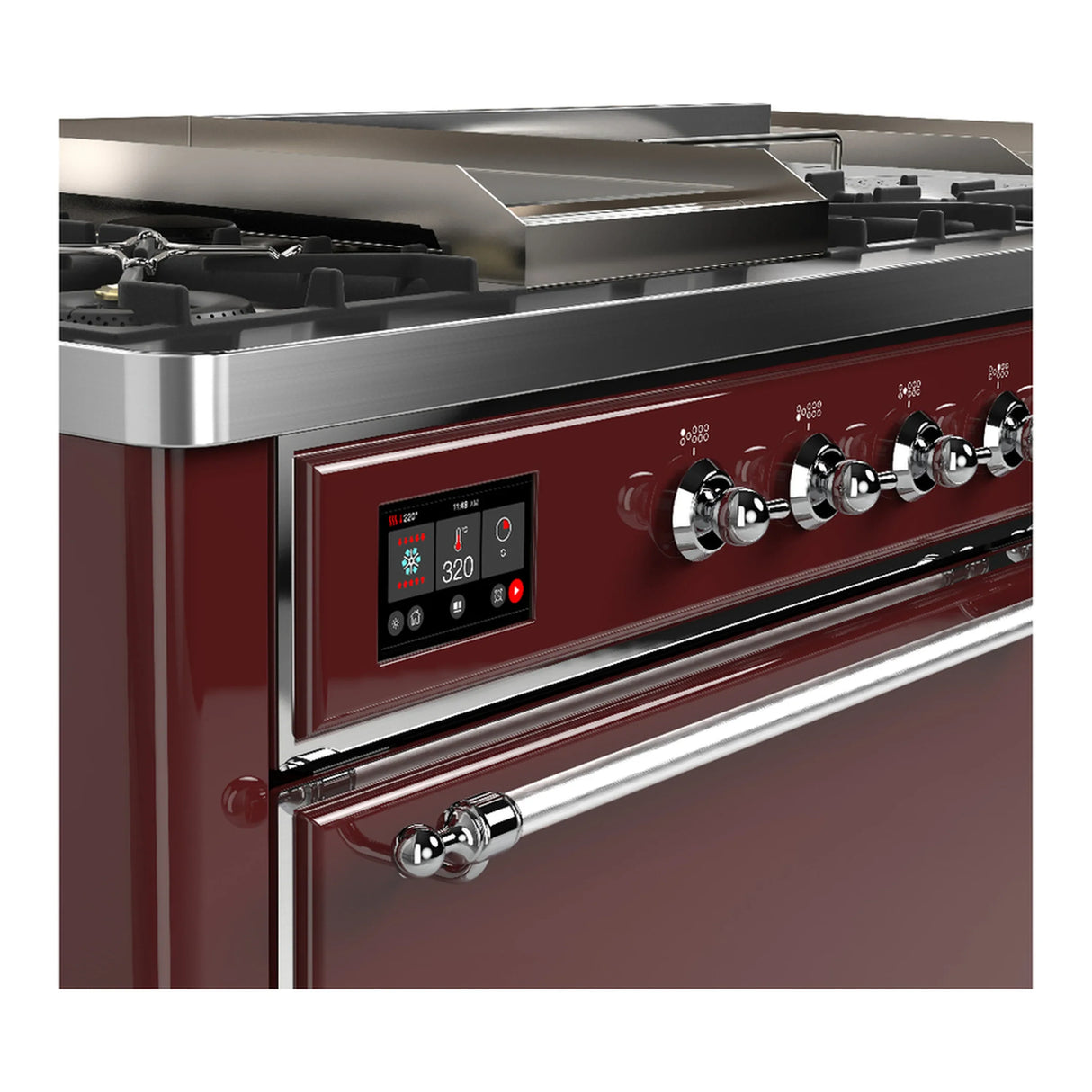 ILVE Majestic III 60-inch Dual Fuel Range with 7 Natural Gas Burner, Griddle, French Top and Solid Door Electric Oven in Burgundy with Chrome Trim (UM60FSQNR3BUC)