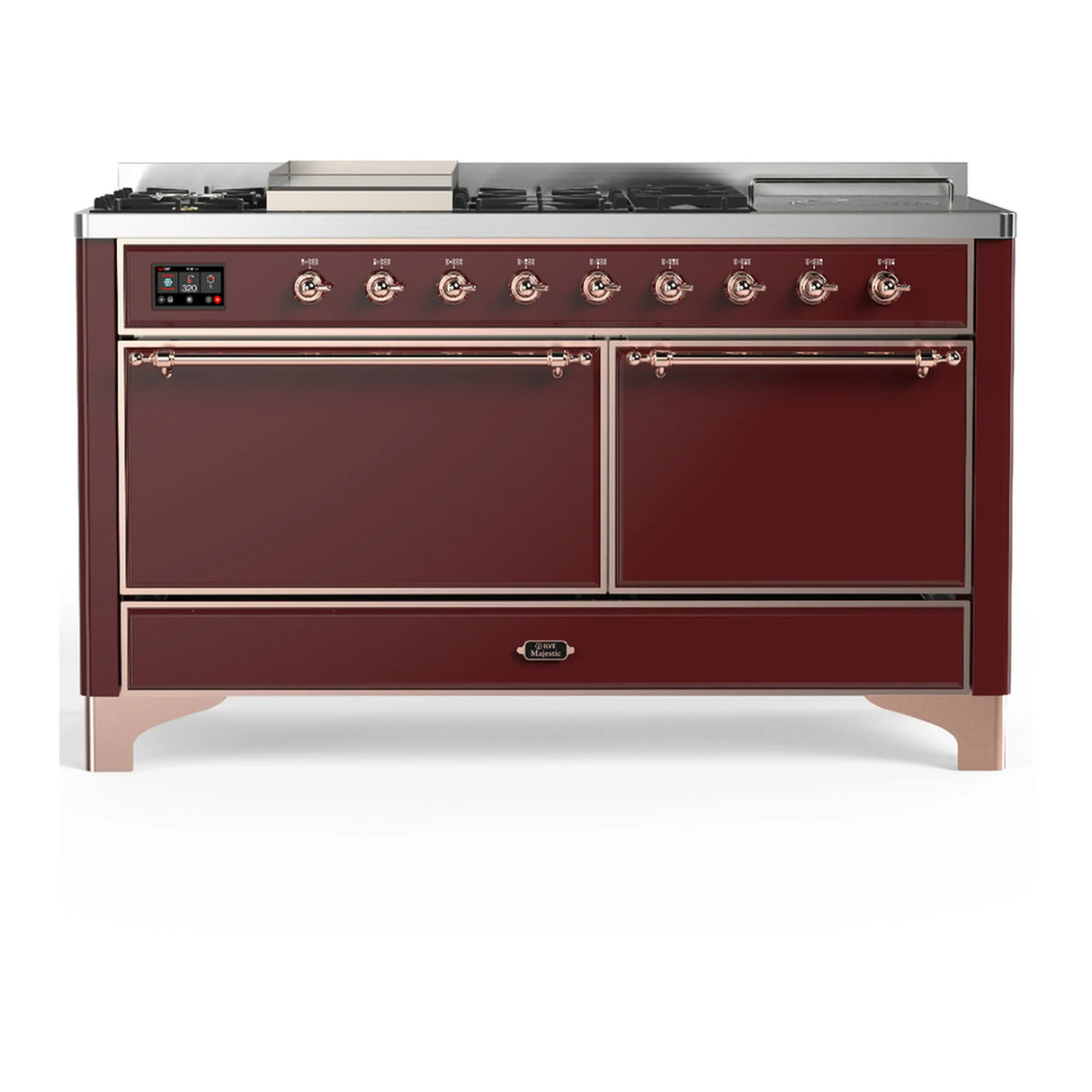 ILVE Majestic III 60-inch Dual Fuel Range with 7 Natural Gas Burner, Griddle, French Top and Solid Door Electric Oven in Burgundy with Copper Trim (UM60FSQNR3BUP)