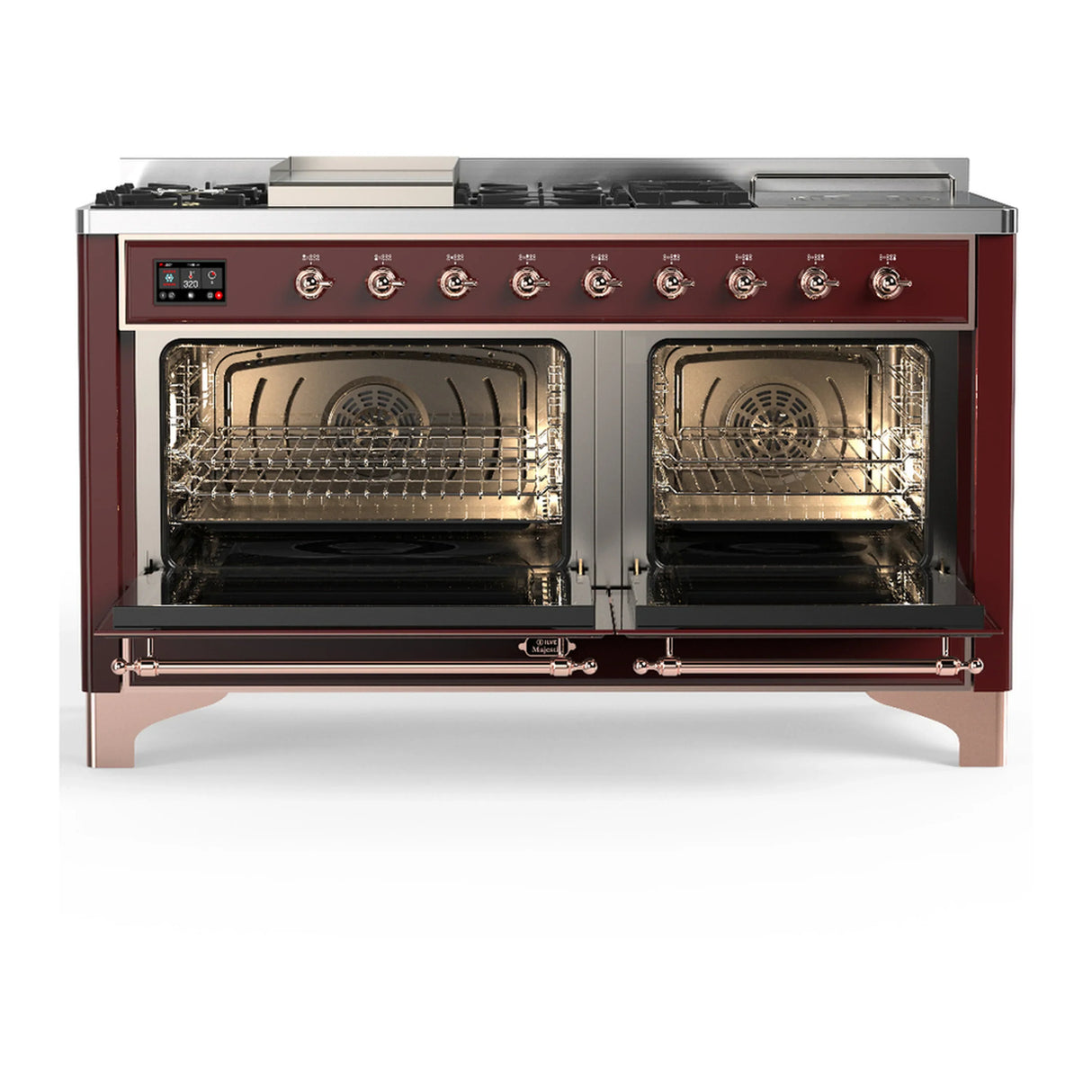 ILVE Majestic III 60-inch Dual Fuel Range with 7 Natural Gas Burner, Griddle, French Top and Solid Door Electric Oven in Burgundy with Copper Trim (UM60FSQNR3BUP)