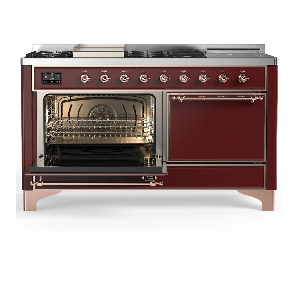 ILVE Majestic III 60-inch Dual Fuel Range with 7 Natural Gas Burner, Griddle, French Top and Solid Door Electric Oven in Burgundy with Copper Trim (UM60FSQNR3BUP)
