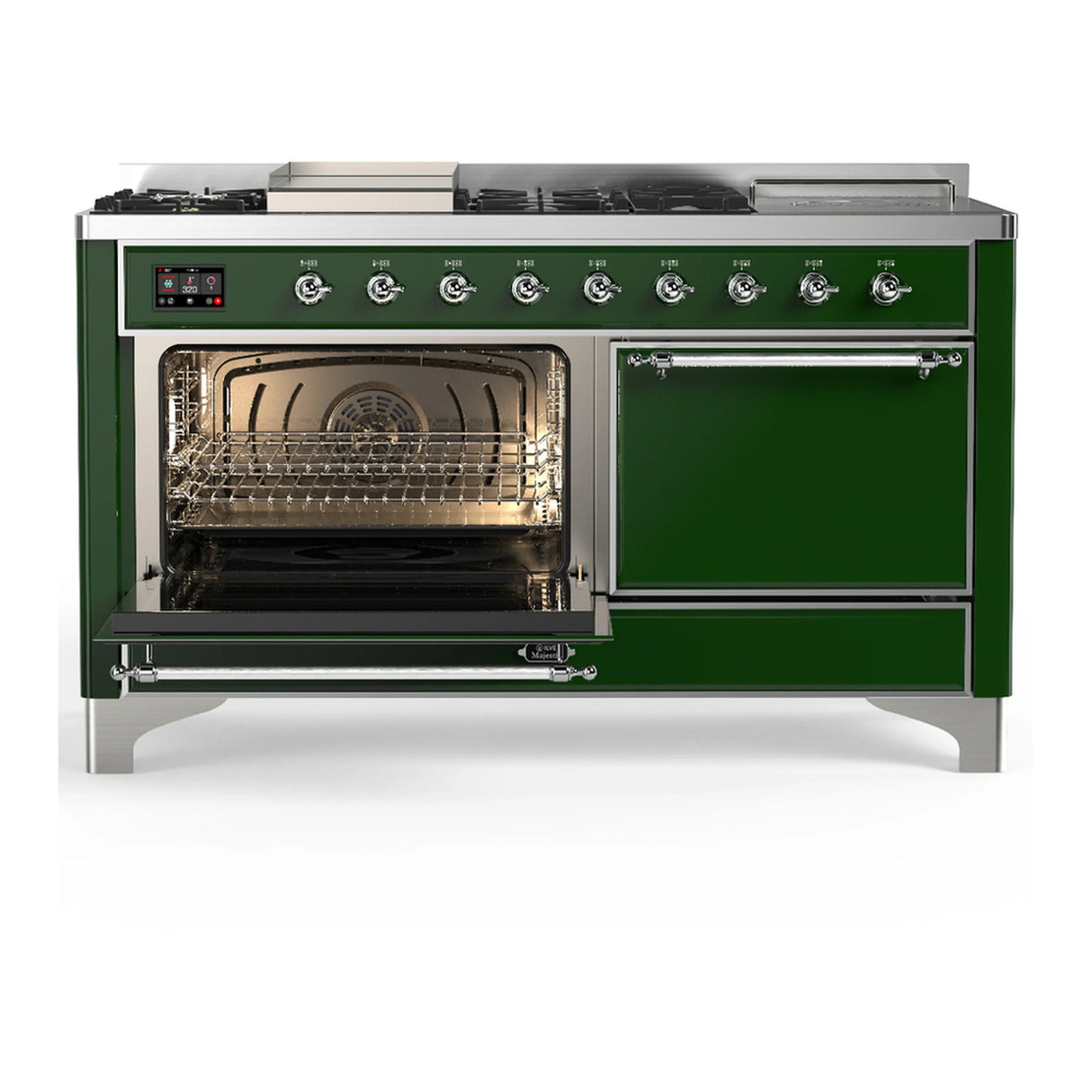 ILVE Majestic III 60-inch Dual Fuel Range with 5 Liquid Propane Burner, Griddle, French Top and Solid Door Electric Oven in Emerald Green with Chrome Trim (UM60FSQNR3EGCLP)