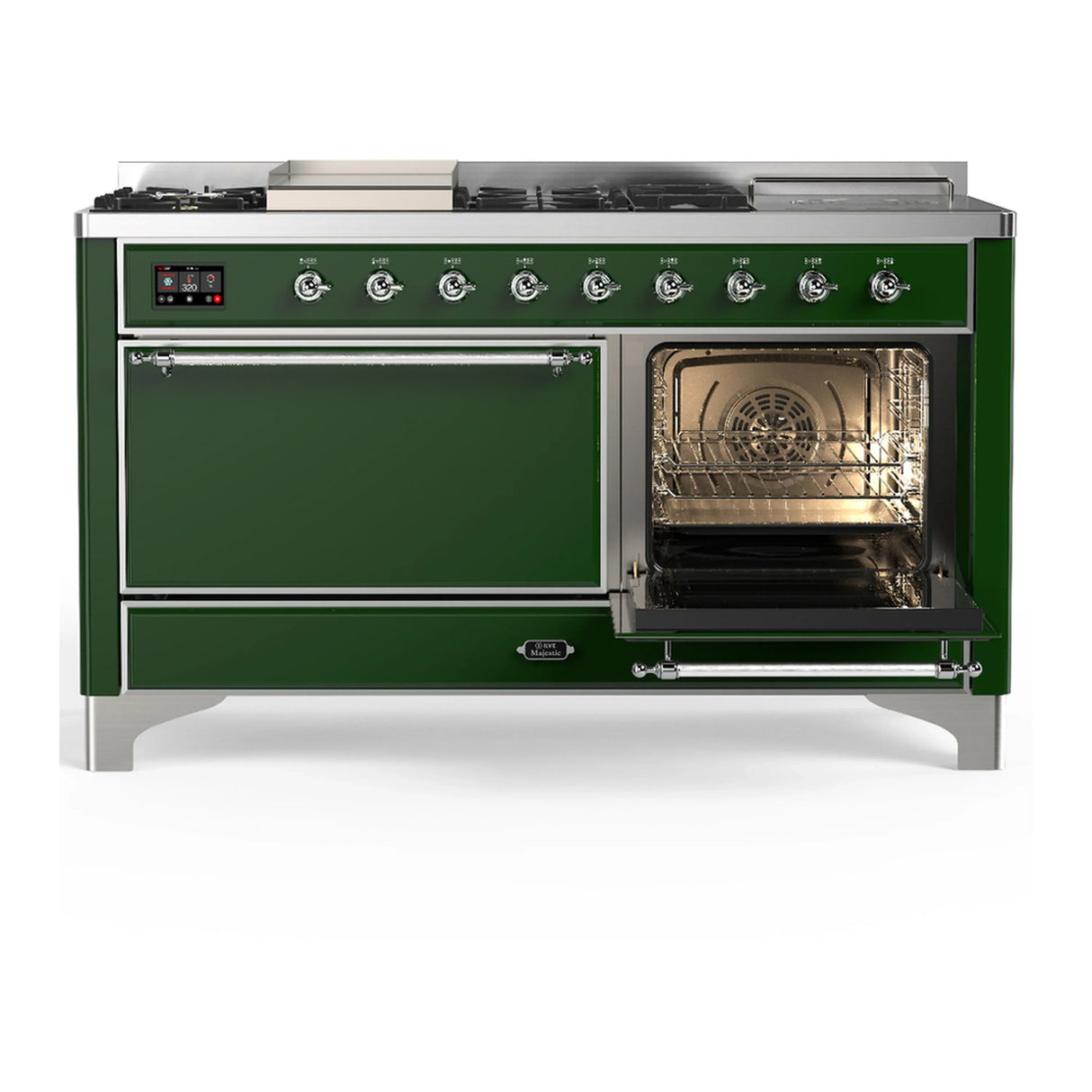ILVE Majestic III 60-inch Dual Fuel Range with 7 Natural Gas Burner, Griddle, French Top and Solid Door Electric Oven in Emerald Green with Chrome Trim (UM60FSQNR3EGC)