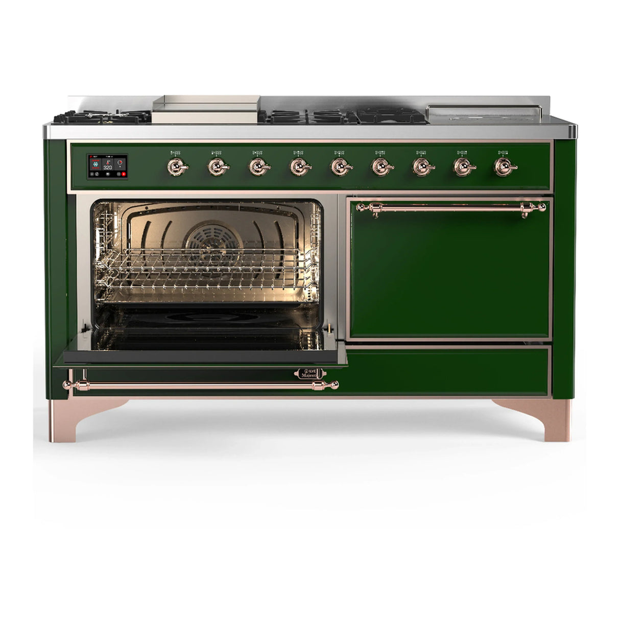 ILVE Majestic III 60-inch Dual Fuel Range with 5 Liquid Propane Burner, Griddle, French Top and Solid Door Electric Oven in Emerald Green with Copper Trim (UM60FSQNR3EGPLP)