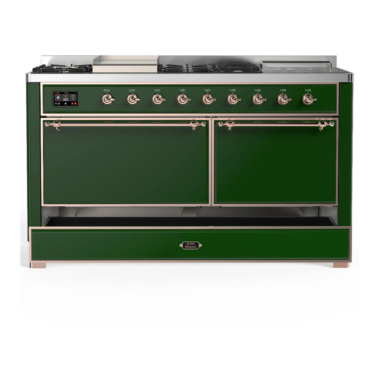 ILVE Majestic III 60-inch Dual Fuel Range with 7 Natural Gas Burner, Griddle, French Top and Solid Door Electric Oven in Emerald Green with Copper Trim (UM60FSQNR3EGP)