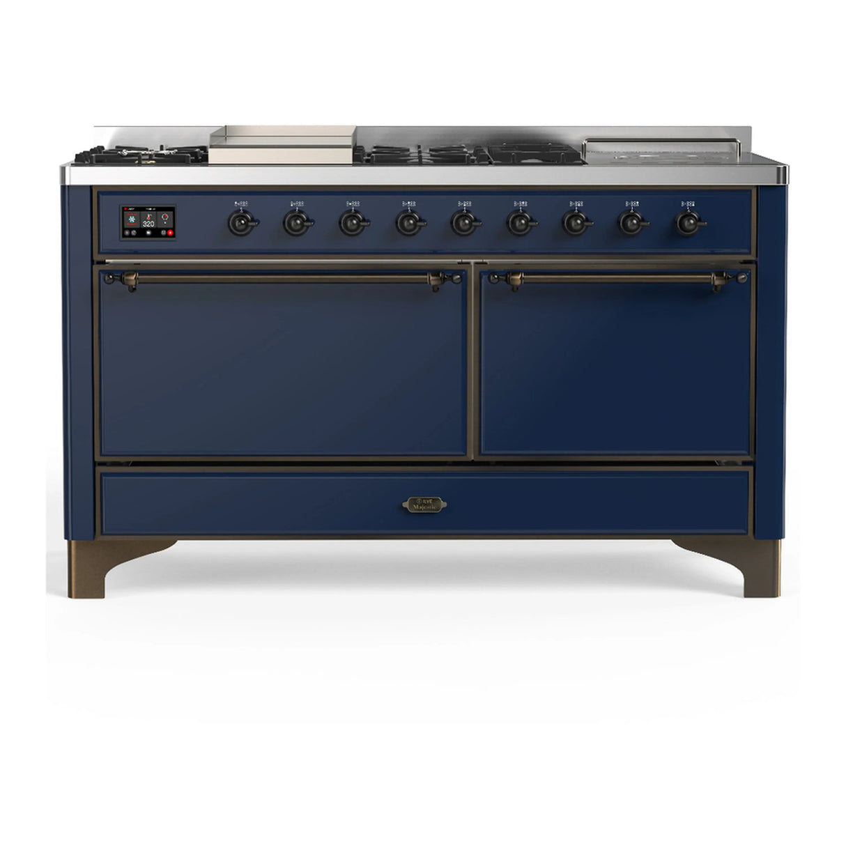 ILVE Majestic III 60-inch Dual Fuel Range with 5 Liquid Propane Burner, Griddle, French Top and Solid Door Electric Oven in Midnight Blue with Burnished Trim (UM60FSQNR3MBBLP)