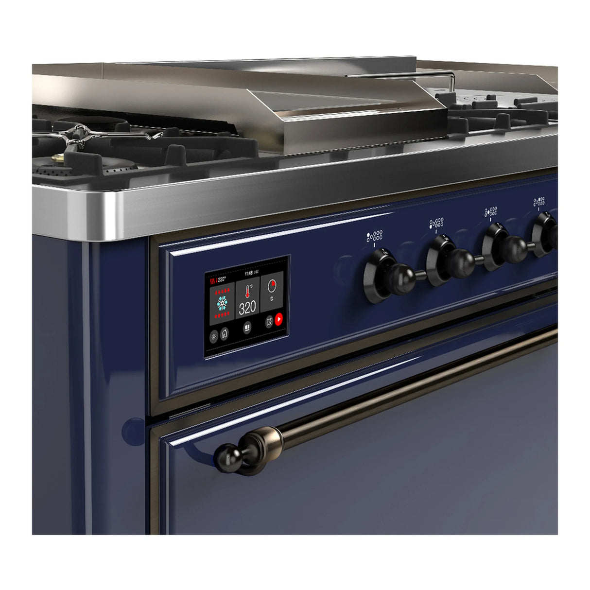 ILVE Majestic III 60-inch Dual Fuel Range with 5 Liquid Propane Burner, Griddle, French Top and Solid Door Electric Oven in Midnight Blue with Burnished Trim (UM60FSQNR3MBBLP)