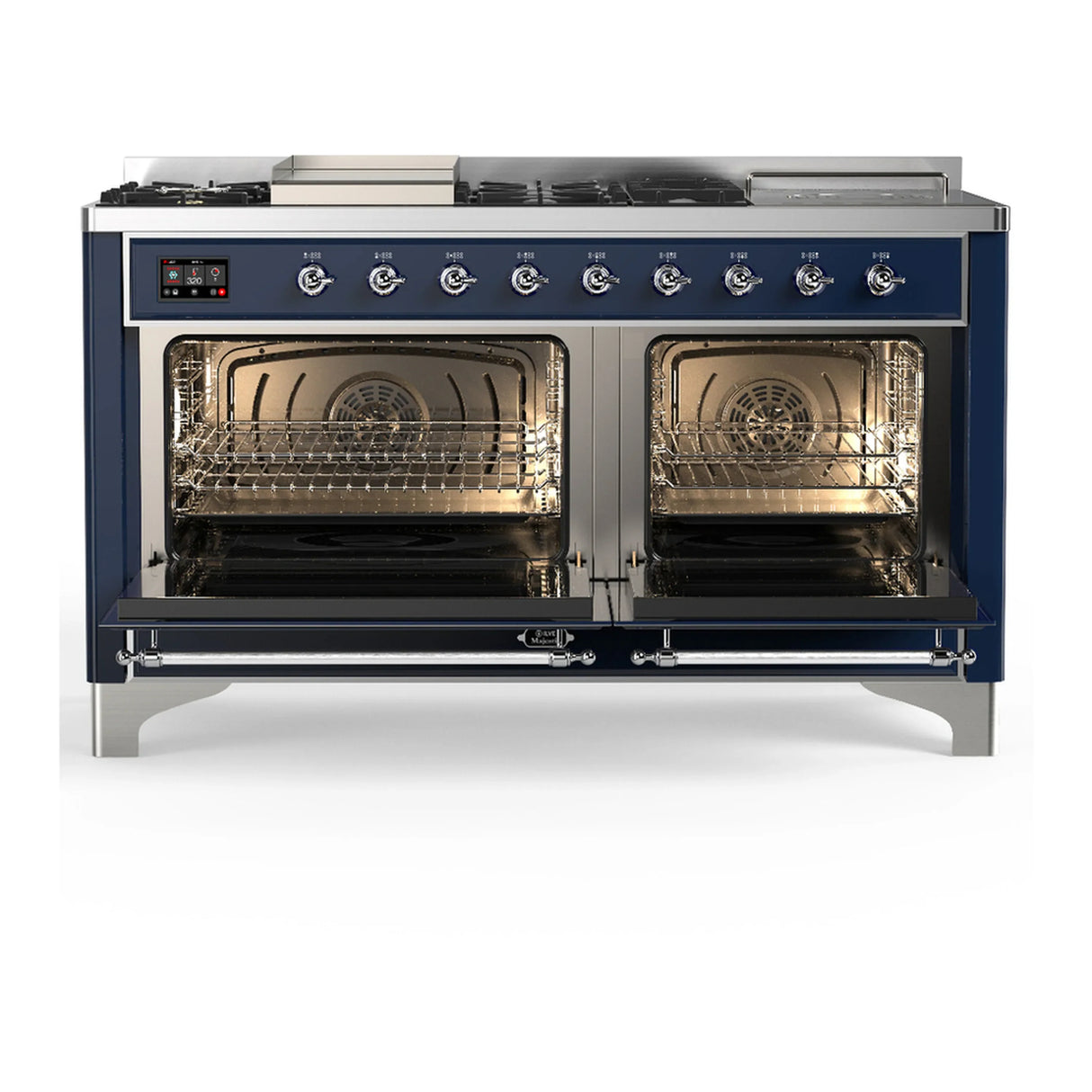 ILVE Majestic III 60-inch Dual Fuel Range with 7 Natural Gas Burner, Griddle, French Top and Solid Door Electric Oven in Midnight Blue with Chrome Trim (UM60FSQNR3MBC)