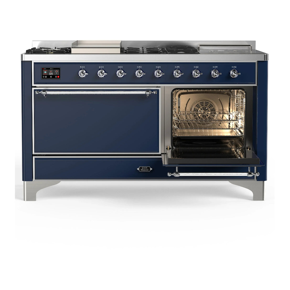 ILVE Majestic III 60-inch Dual Fuel Range with 7 Natural Gas Burner, Griddle, French Top and Solid Door Electric Oven in Midnight Blue with Chrome Trim (UM60FSQNR3MBC)
