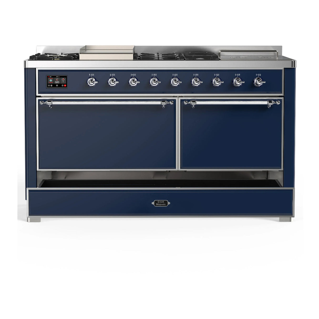 ILVE Majestic III 60-inch Dual Fuel Range with 7 Natural Gas Burner, Griddle, French Top and Solid Door Electric Oven in Midnight Blue with Chrome Trim (UM60FSQNR3MBC)