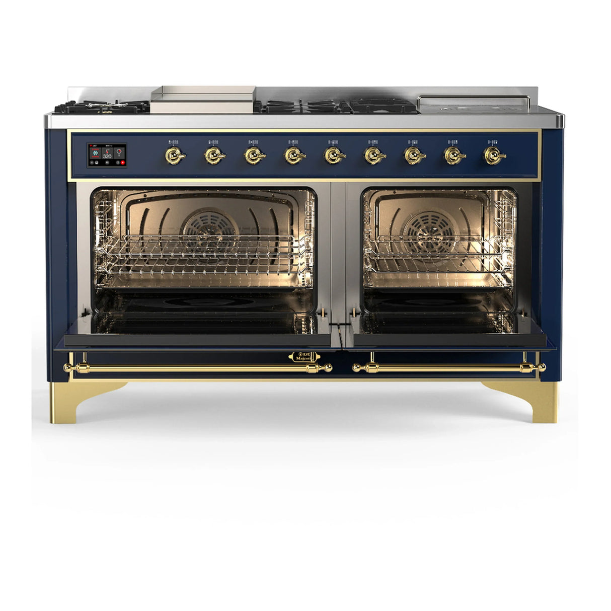 ILVE Majestic III 60-inch Dual Fuel Range with 5 Liquid Propane Burner, Griddle, French Top and Solid Door Electric Oven in Blue Grey with Brass Trim (UM60FSQNR3MBGLP)