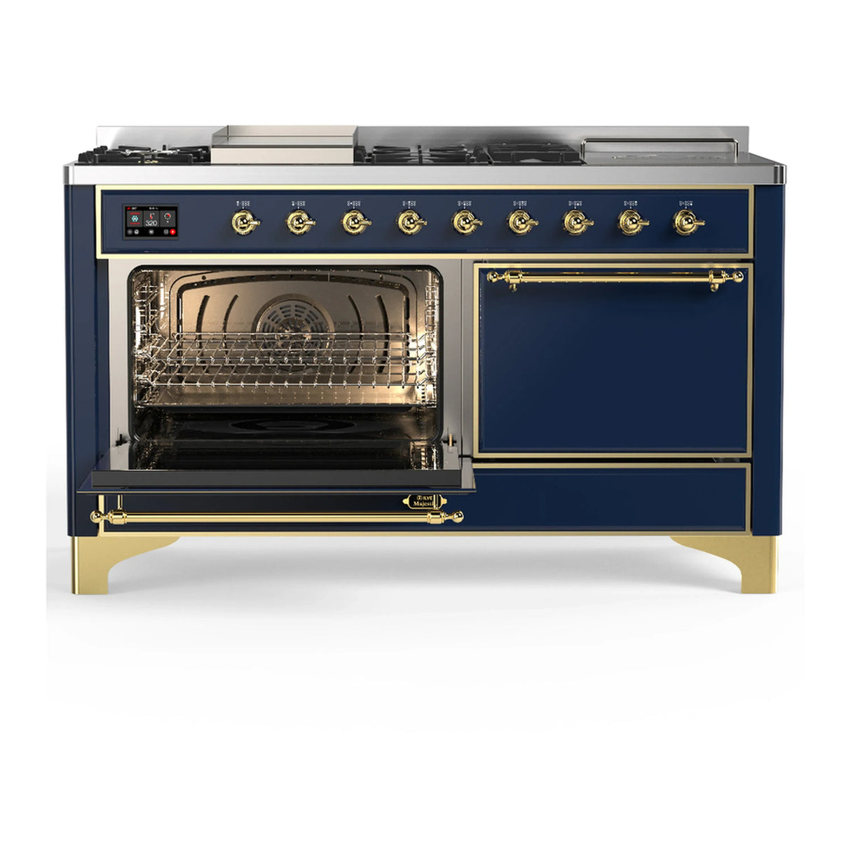 ILVE Majestic III 60-inch Dual Fuel Range with 5 Liquid Propane Burner, Griddle, French Top and Solid Door Electric Oven in Blue Grey with Brass Trim (UM60FSQNR3MBGLP)