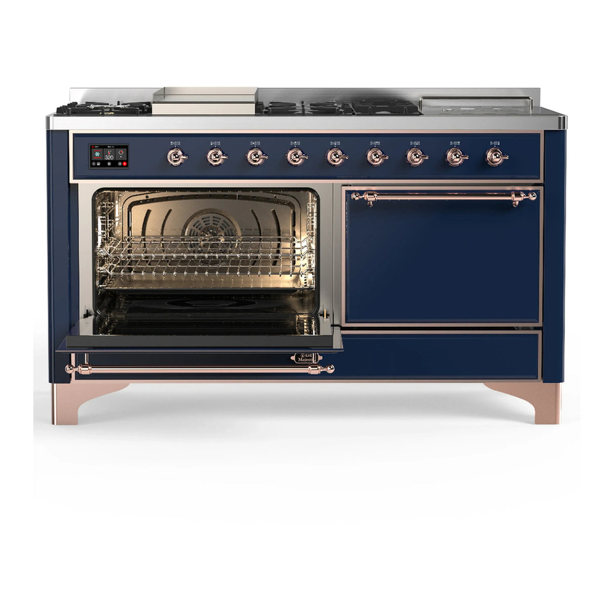 ILVE Majestic III 60-inch Dual Fuel Range with 7 Natural Gas Burner, Griddle, French Top and Solid Door Electric Oven in Midnight Blue with Copper Trim (UM60FSQNR3MBP)
