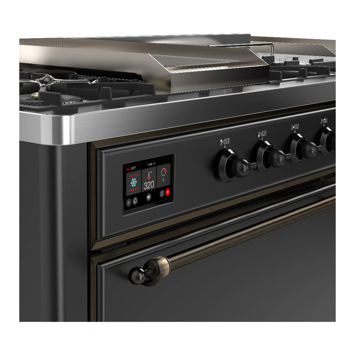 ILVE Majestic III 60-inch Dual Fuel Range with 5 Liquid Propane Burner, Griddle, French Top and Solid Door Electric Oven in Graphite Matte with Burnished Trim (UM60FSQNR3MGBLP)