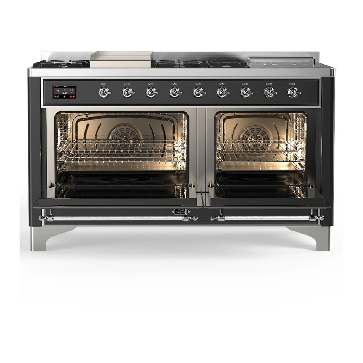 ILVE Majestic III 60-inch Dual Fuel Range with 7 Natural Gas Burner, Griddle, French Top and Solid Door Electric Oven in Graphite Matte with Chrome Trim (UM60FSQNR3MGC)