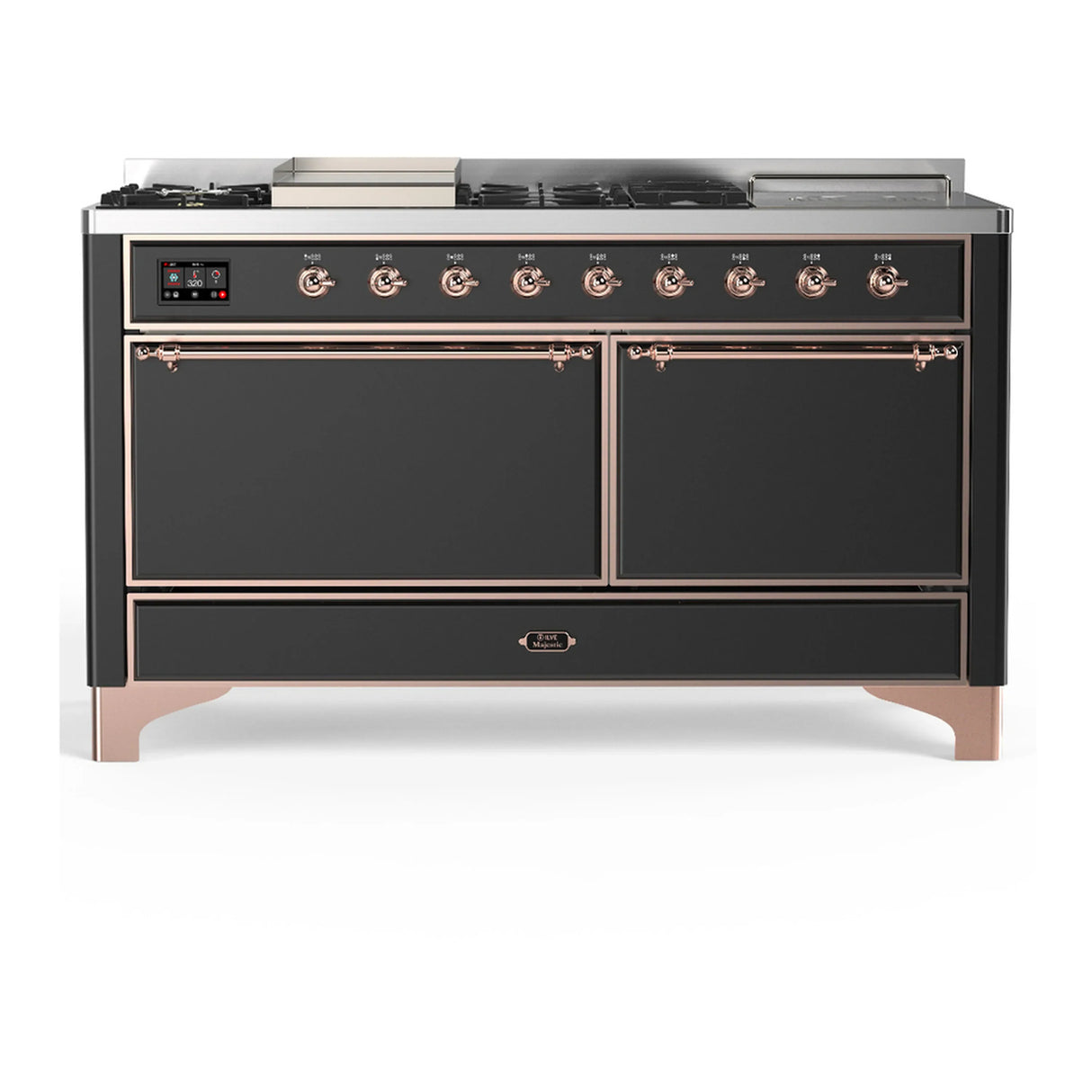ILVE Majestic III 60-inch Dual Fuel Range with 5 Liquid Propane Burner, Griddle, French Top and Solid Door Electric Oven in Graphite Matte with Copper Trim (UM60FSQNR3MGPLP)
