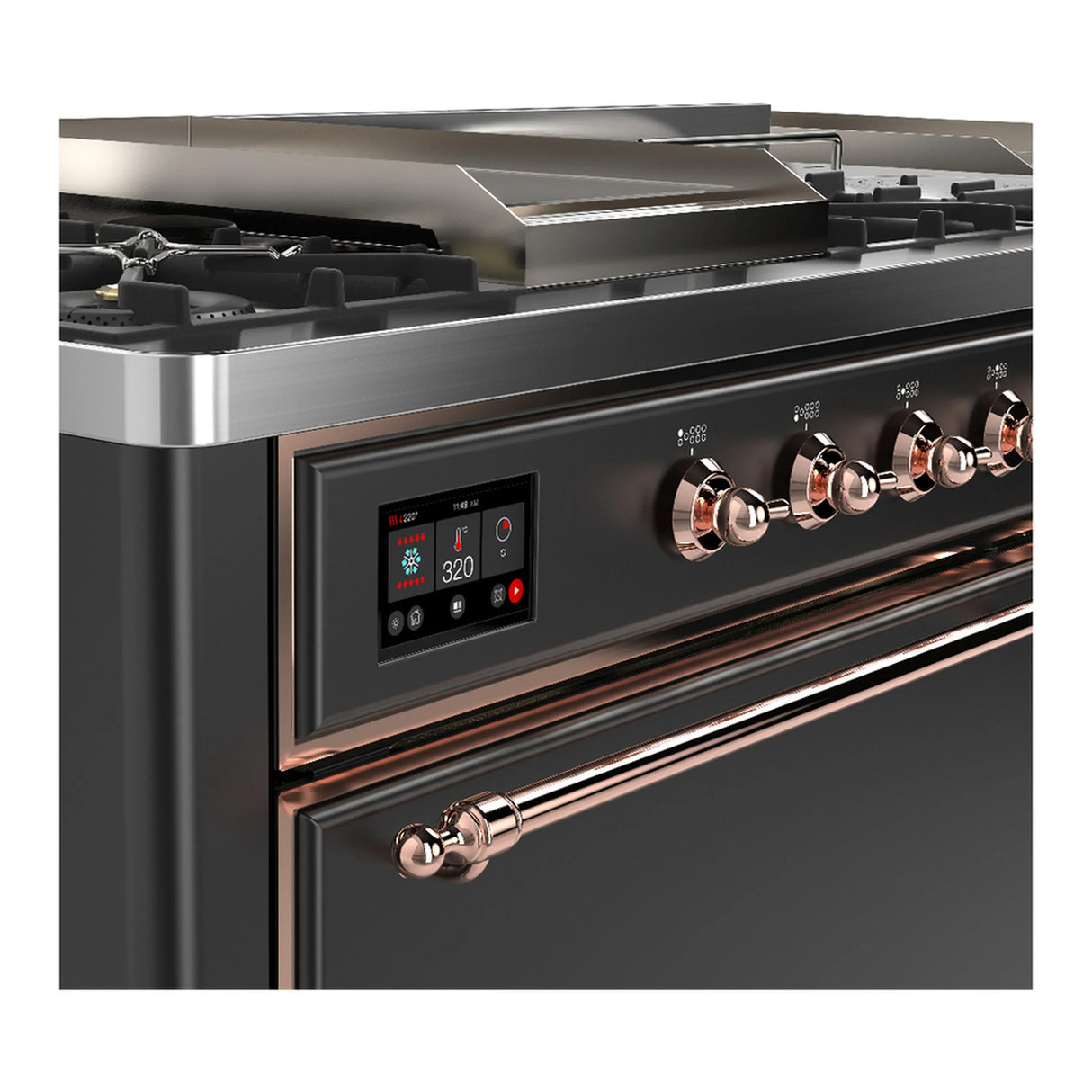 ILVE Majestic III 60-inch Dual Fuel Range with 5 Liquid Propane Burner, Griddle, French Top and Solid Door Electric Oven in Graphite Matte with Copper Trim (UM60FSQNR3MGPLP)