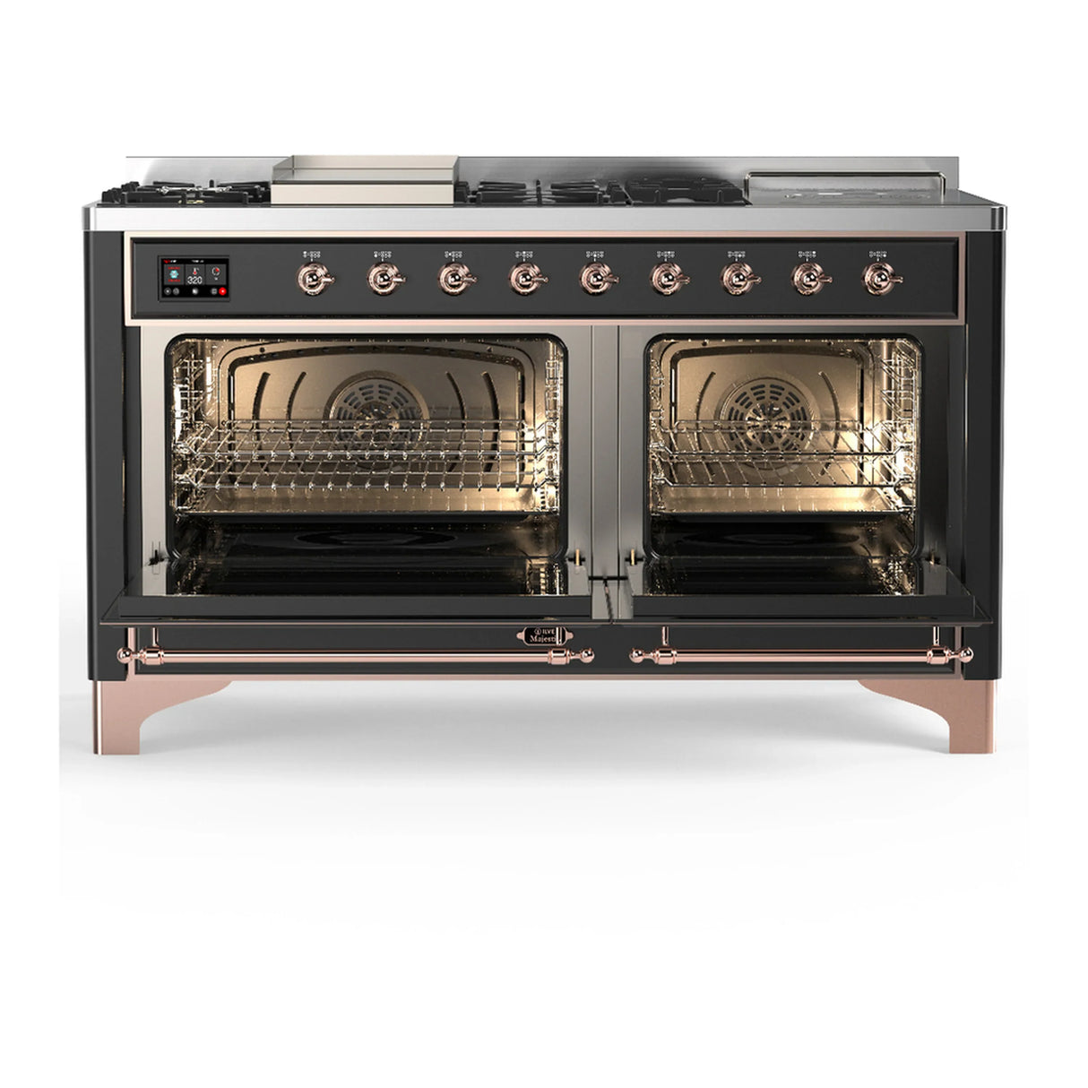 ILVE Majestic III 60-inch Dual Fuel Range with 5 Liquid Propane Burner, Griddle, French Top and Solid Door Electric Oven in Graphite Matte with Copper Trim (UM60FSQNR3MGPLP)