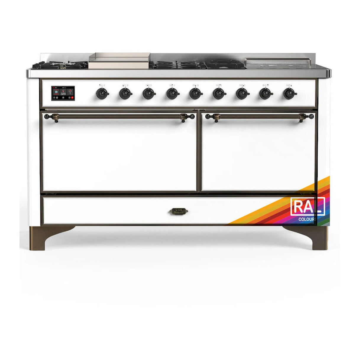 ILVE Majestic III 60-inch Dual Fuel Range with 7 Natural Gas Burner, Griddle, French Top and Solid Door Electric Oven in RAL with Burnished Trim (UM60FSQNR3RAB)