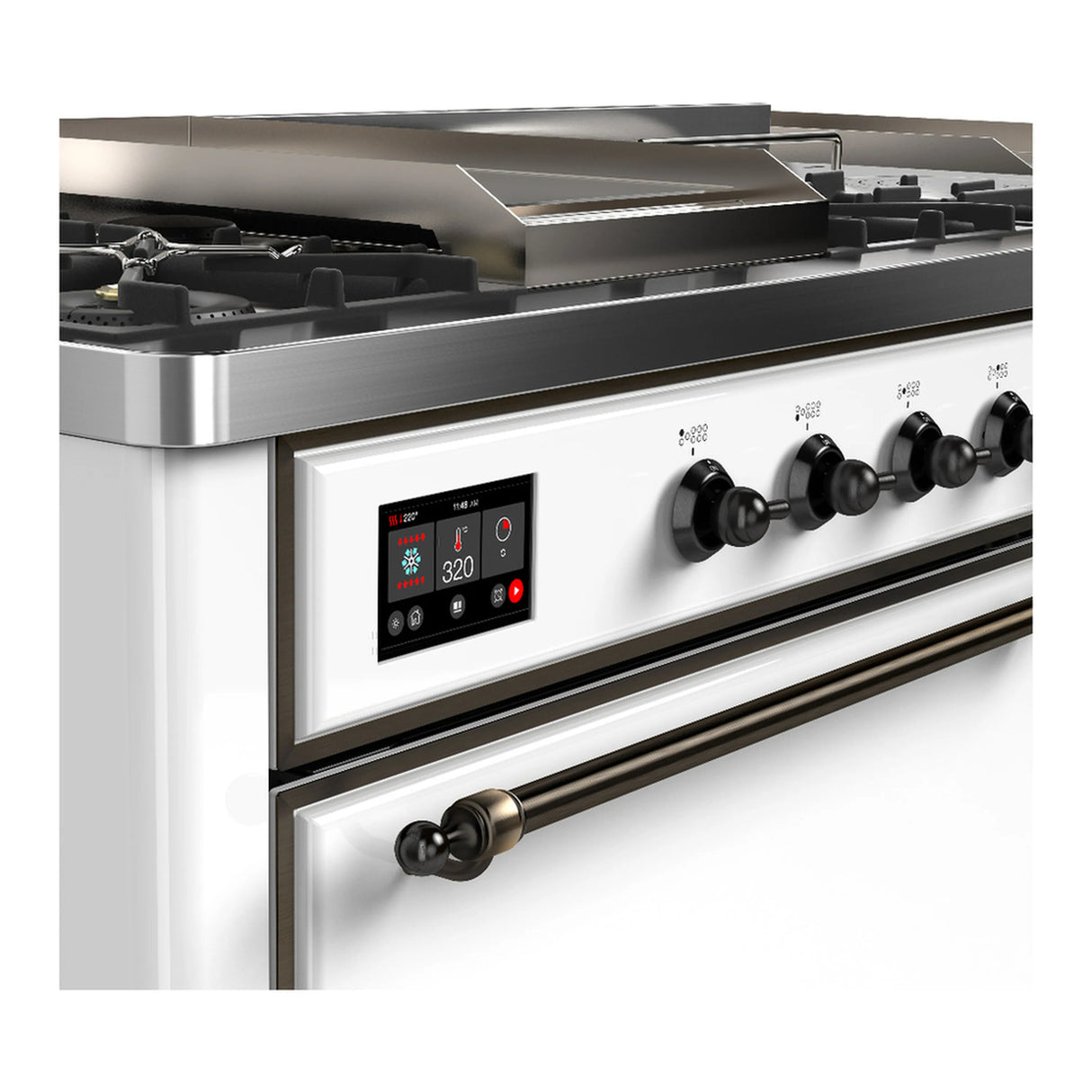 ILVE Majestic III 60-inch Dual Fuel Range with 7 Natural Gas Burner, Griddle, French Top and Solid Door Electric Oven in White with Burnished Trim (UM60FSQNR3WHB)