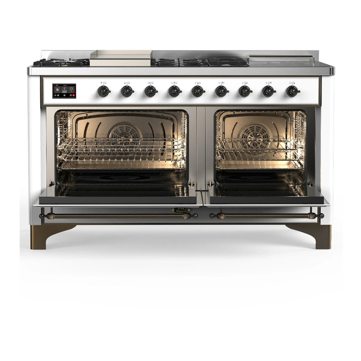 ILVE Majestic III 60-inch Dual Fuel Range with 7 Natural Gas Burner, Griddle, French Top and Solid Door Electric Oven in White with Burnished Trim (UM60FSQNR3WHB)