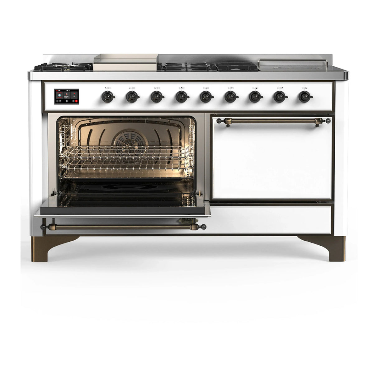 ILVE Majestic III 60-inch Dual Fuel Range with 7 Natural Gas Burner, Griddle, French Top and Solid Door Electric Oven in White with Burnished Trim (UM60FSQNR3WHB)