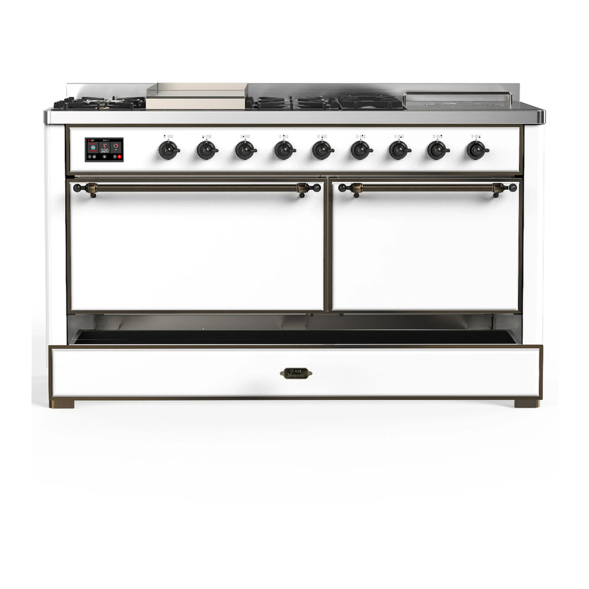 ILVE Majestic III 60-inch Dual Fuel Range with 7 Natural Gas Burner, Griddle, French Top and Solid Door Electric Oven in White with Burnished Trim (UM60FSQNR3WHB)