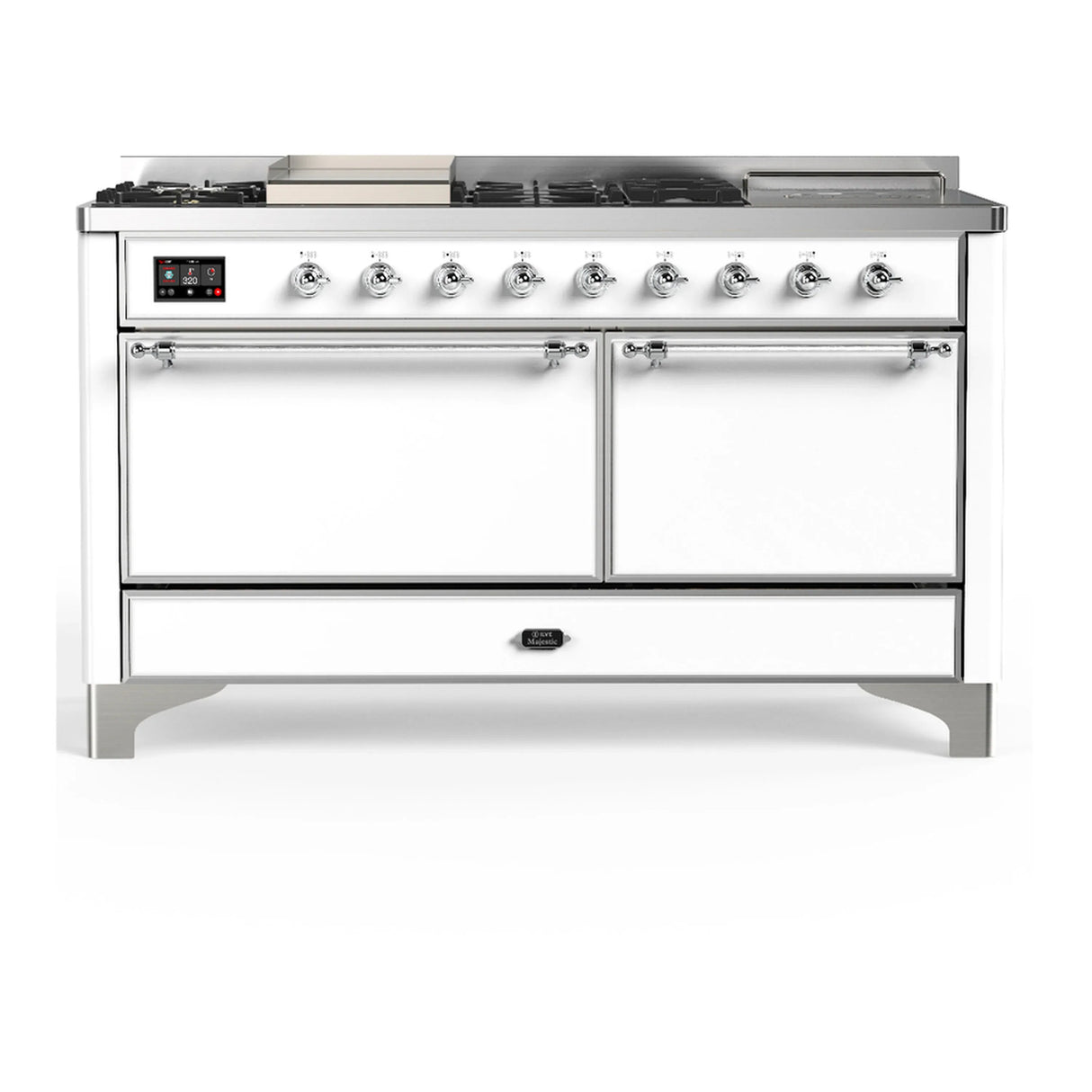 ILVE Majestic III 60-inch Dual Fuel Range with 7 Natural Gas Burner, Griddle, French Top and Solid Door Electric Oven in White with Chrome Trim (UM60FSQNR3WHC)