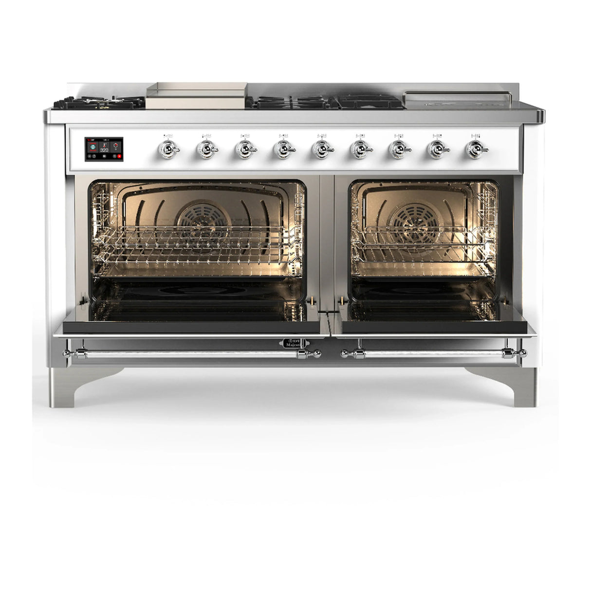 ILVE Majestic III 60-inch Dual Fuel Range with 7 Natural Gas Burner, Griddle, French Top and Solid Door Electric Oven in White with Chrome Trim (UM60FSQNR3WHC)
