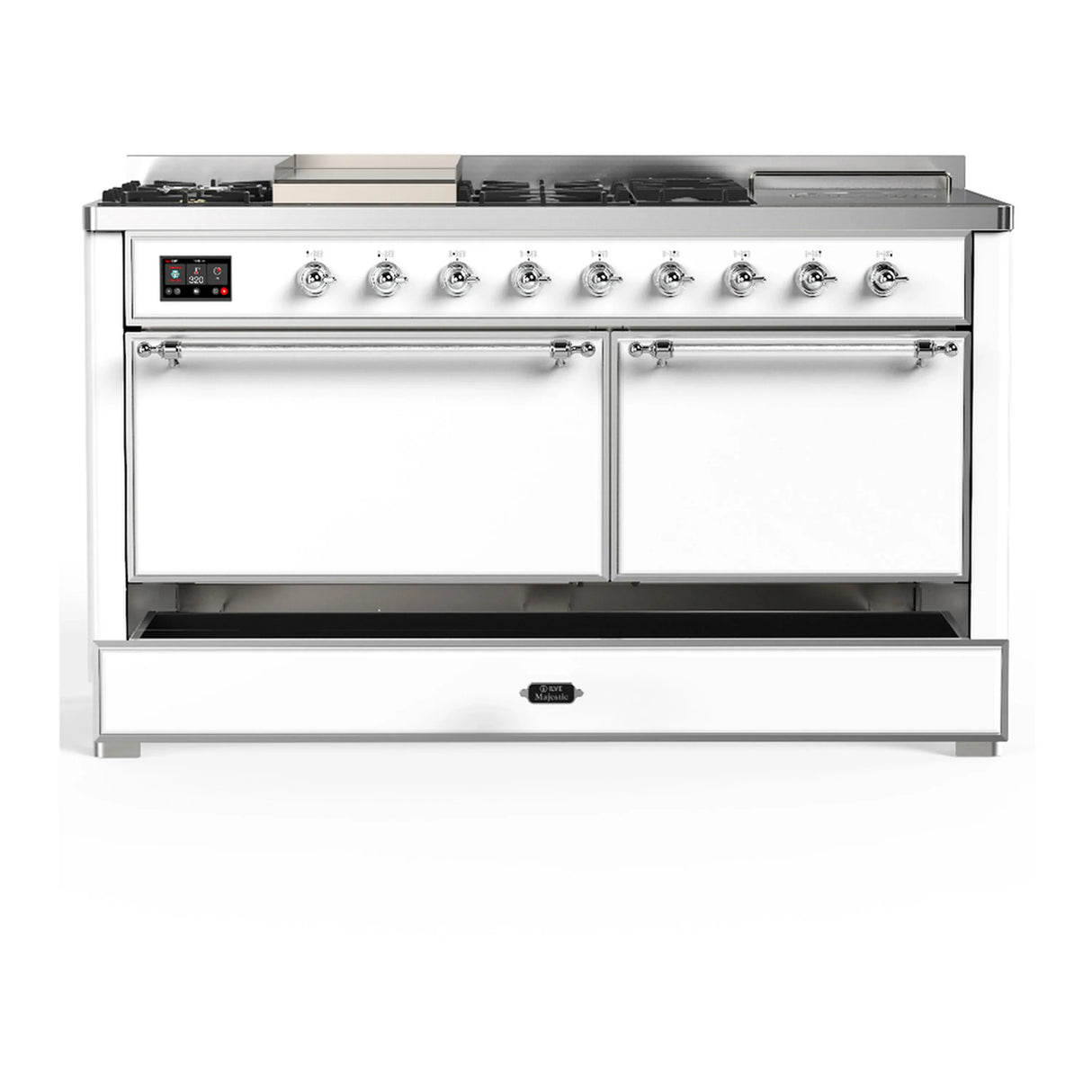 ILVE Majestic III 60-inch Dual Fuel Range with 7 Natural Gas Burner, Griddle, French Top and Solid Door Electric Oven in White with Chrome Trim (UM60FSQNR3WHC)