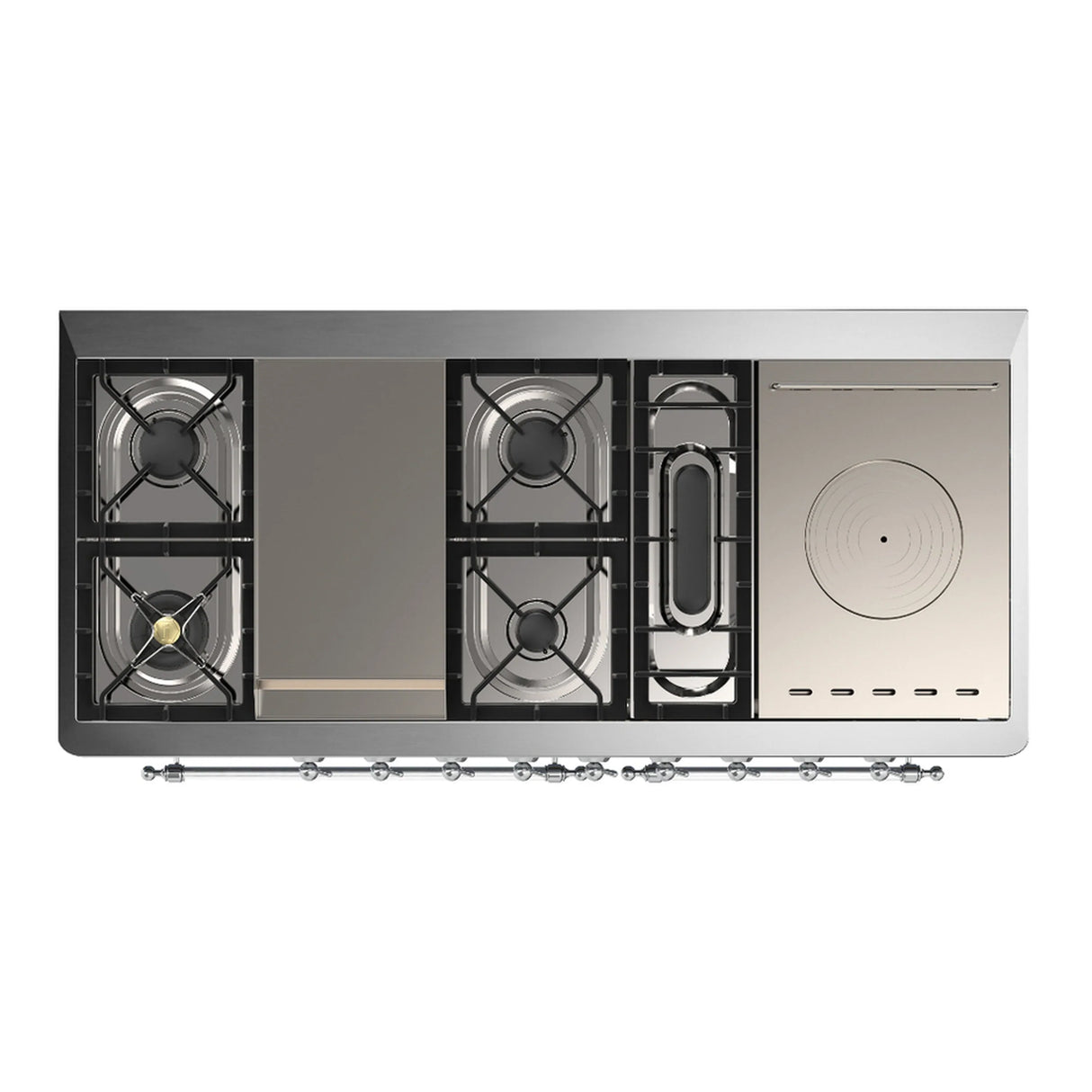 ILVE Majestic III 60-inch Dual Fuel Range with 7 Natural Gas Burner, Griddle, French Top and Solid Door Electric Oven in White with Chrome Trim (UM60FSQNR3WHC)