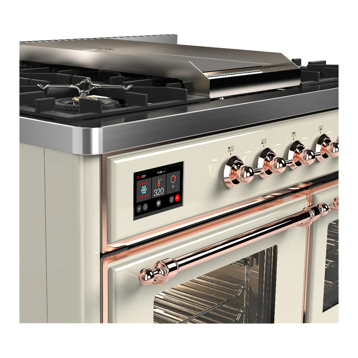 ILVE Majestic III 40-inch Dual Fuel Range with 6 Natural Gas Burner, Griddle and Triple Glass Door Electric Oven in Antique White with Copper Trim (UMD40FNR3AWP)
