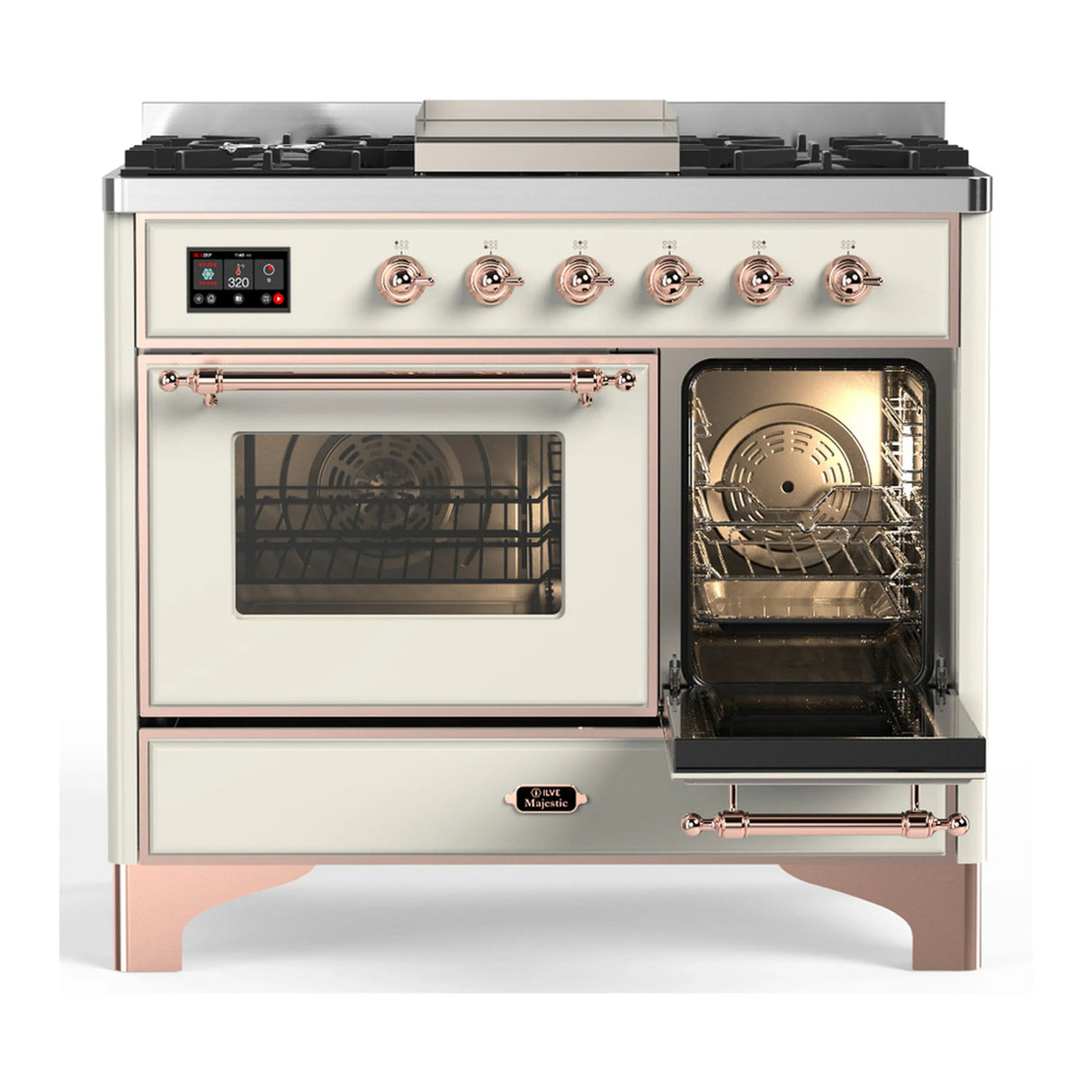 ILVE Majestic III 40-inch Dual Fuel Range with 6 Natural Gas Burner, Griddle and Triple Glass Door Electric Oven in Antique White with Copper Trim (UMD40FNR3AWP)