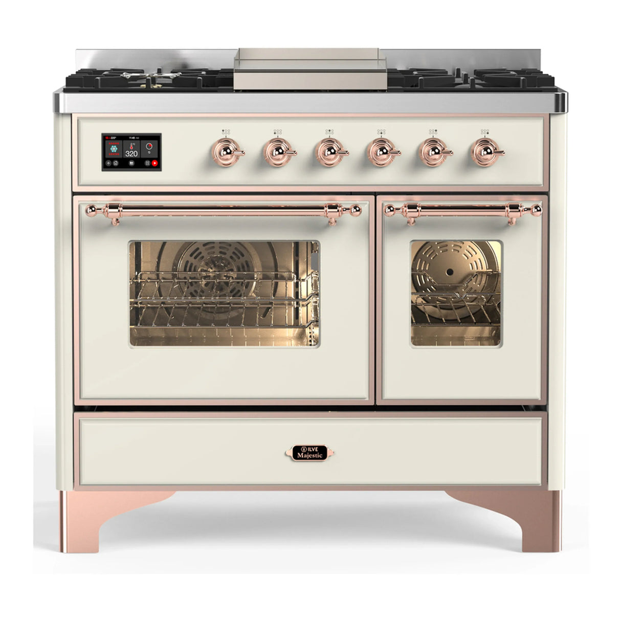 ILVE Majestic III 40-inch Dual Fuel Range with 6 Natural Gas Burner, Griddle and Triple Glass Door Electric Oven in Antique White with Copper Trim (UMD40FNR3AWP)