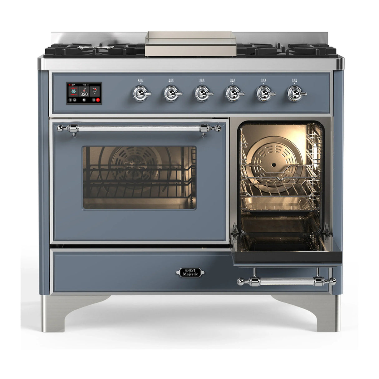 ILVE Majestic III 40-inch Dual Fuel Range with 6 Natural Gas Burner, Griddle and Triple Glass Door Electric Oven in Blue Grey with Chrome Trim (UMD40FNR3BGC)
